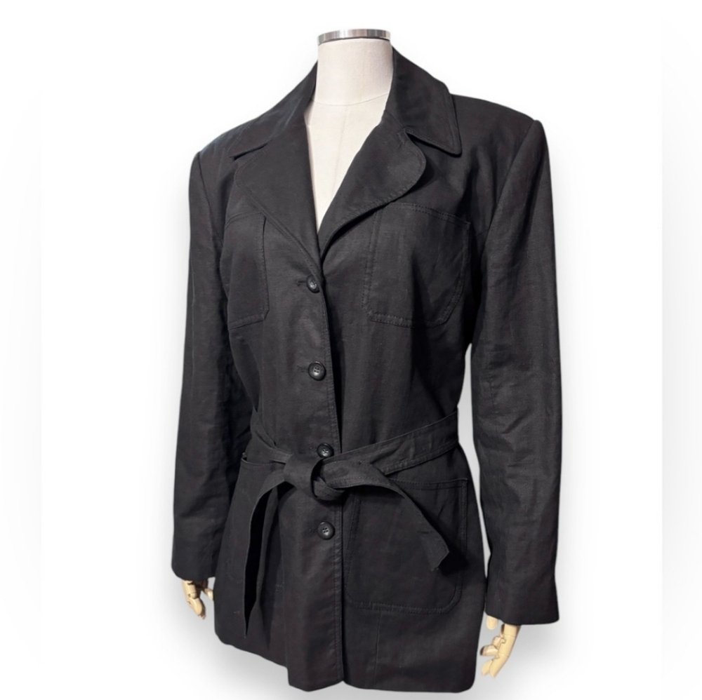 HALSTON Black Linen Suiting Relaxed Fit Safari Jacket
